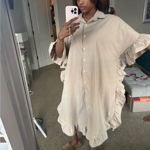 Women's Beige Ruffle Button-Down Dress